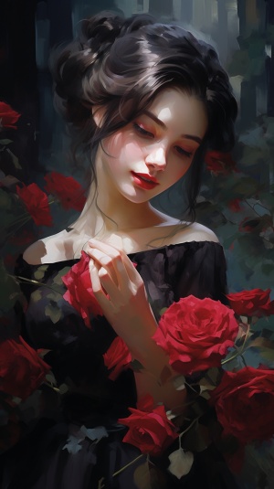 拿着一朵娇艳如火的红玫瑰挡脸的神秘女孩；身着华丽的黑色礼服的拿玫瑰挡脸女孩；双手紧紧握住绽放的红玫瑰，细致的花朵瓣覆盖着她的笑脸，散发出迷人的芳香；优雅的发髻上别着一朵刚从花园中采摘的玫瑰，花蕾渐渐贴近她微笑的嘴角；身着白色薄纱连衣裙的女孩用一朵粉色的玫瑰遮住了她的眼睛，给整个画面增添了神秘与韵味。