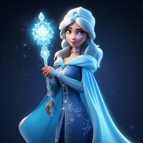 梦幻的艾莎公主，拥有着冰雪之力和高贵的容颜，她穿着一袭华丽的蓝色长裙，裙摆上镶满了闪亮的钻石，散发着令人陶醉的光芒。她纤细的手中握着一把魔法权杖，权杖顶端的水晶闪烁着寒光，仿佛将冰雪王国的魔力凝聚其中。艾莎公主优雅地站在一座冰雪雕塑的宝座上，四周的冰雪精灵们围绕在她身旁，欢快地跳跃和飞舞，为她带来了欢乐和祥和的氛围。整个场景充满着神秘、浪漫和魔法的气息，令人沉醉其中。