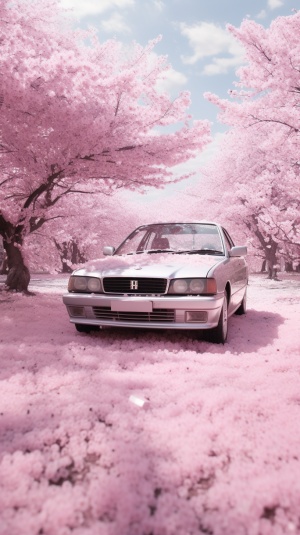 a car covered with pink sakura flowers under a pink tree,All over the ground. in the style of video glitches, hyper-realistic pop, animated gifs, i can't believe how beautiful this is, light violet and dark gray, joyful celebration of nature, realistic The ground is all pink.The ground is covered with pink cherry blossoms.The ground is covered with pink cherry petals.The ground is covered with pink cherry petals.