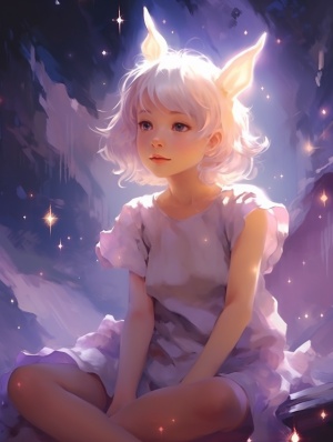 星星-一个可爱的短发女孩与兔子精灵的梦幻场景