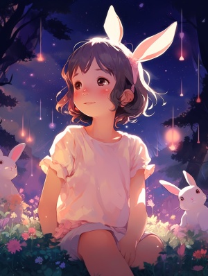 星星-一个可爱的短发女孩与兔子精灵的梦幻场景