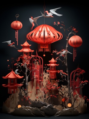 传统的中国形状的灯笼以红色点亮，采用超现实主义的雕塑风格，梦幻般的梦境，由纸板制成，微型立体模型，浅红色和深灰色，生动的鸟类，复杂的构图