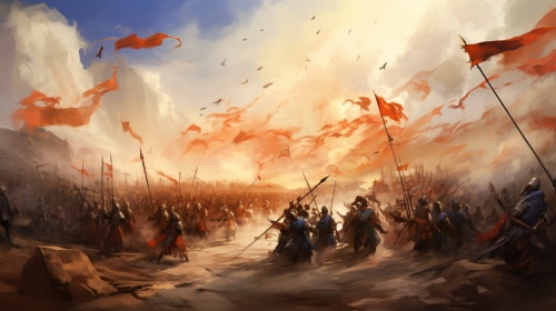 蜀汉与曹魏的旗帜飘扬在风中，两军对峙，战场气氛紧张。
