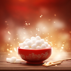 中国红，元宵节海报，中国传统节日，碗里的白色汤圆，散发着热气，勺子，高清，8k，暖色，干净的背景