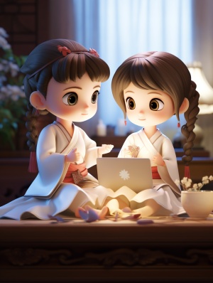 中国风，两岁女孩，大眼睛，娃娃脸，白色汉服，白天，在书房，坐在电脑前，思考，自然光，白色背景，国画，细节设计，3d,c4d，超细节，动画照明，散景，完美细节，