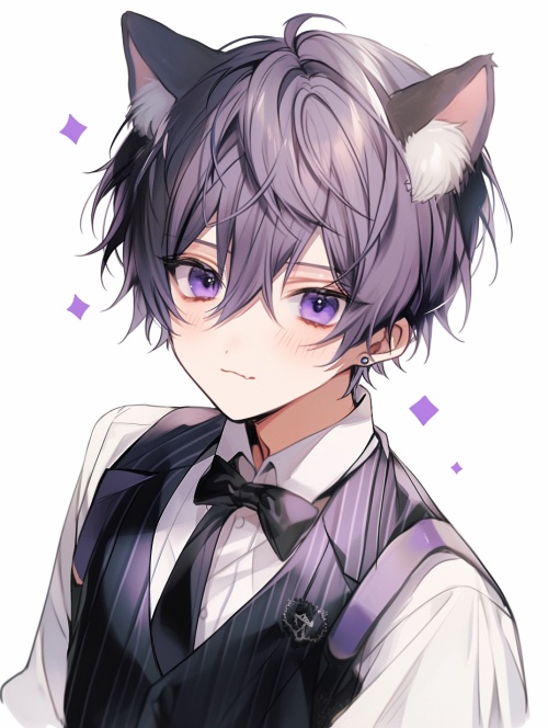 Wearing a purple vest anime boy with a cat ears , cute anime face, anime boy, cute anime, cute natural anime face, boy with cat ears and tail, wolf ears, cute anime catgirl, cute character, high quality anime artstyle, by Shitao, little shy smile, anime visual of a cute cat, top rated on pixiv