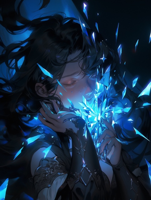一个满脸黑发的女人举着蓝色，以夜色，玻璃碎片艺术，阴影的微妙使用，vanitas，changelingcore，融化，边缘光的风格