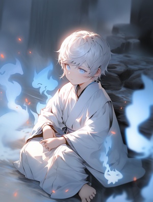可爱小男孩盘坐岩石上，身穿白汉服，银发蓝焰
