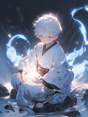 可爱小男孩盘坐岩石上，身穿白汉服，银发蓝焰