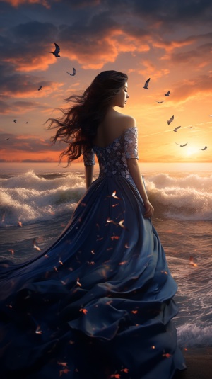 美丽的黄昏海边，天空火烧云，海浪汹涌，一个黑色长发美女穿着碎花裙，面对海面，有海鸥在海面上飞。