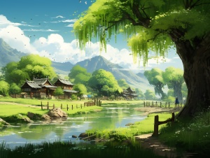 中国节气的精致而宁静的插图，春季，展示了温和的春风滋养着觉醒的地球。想象延伸到远处的翠绿田野，一个古雅的村庄随风摆动的垂柳，人们拥抱着赋予生命的气息