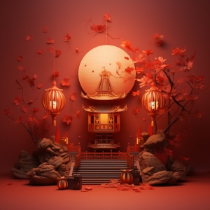 中国风红色背景灯笼：杰作的最佳画质3D风格