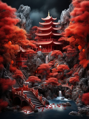 (masterpiece, best quality, highly detailed, good composition)),(((red lantern))),lantern festival,red theme,(chinese garden),lunar new year,chinese_knot,chinese dragon,masterpiece,((super exquisite)),three-dimensional,super detailed,32k,,,(trees),landscape,mountain,(cloud:0.5),water,,denglong,反向提示词：A cluttered background,(black:1.3),(deep colour:1.4),(darkness:1.2),(humans:1.1),(worst quality, low best quality:1.4),(worst quality, low best quality:1.4),(people:1.4)