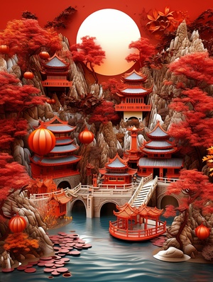 (masterpiece, best quality, highly detailed, good composition)),(((red lantern))),lantern festival,red theme,(chinese garden),lunar new year,chinese_knot,chinese dragon,masterpiece,((super exquisite)),three-dimensional,super detailed,32k,,,(trees),landscape,mountain,(cloud:0.5),water,,denglong,反向提示词：A cluttered background,(black:1.3),(deep colour:1.4),(darkness:1.2),(humans:1.1),(worst quality, low best quality:1.4),(worst quality, low best quality:1.4),(people:1.4)