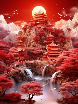 (masterpiece, best quality, highly detailed, good composition)),(((red lantern))),lantern festival,red theme,(chinese garden),lunar new year,chinese_knot,chinese dragon,masterpiece,((super exquisite)),three-dimensional,super detailed,32k,,,(trees),landscape,mountain,(cloud:0.5),water,,denglong,反向提示词：A cluttered background,(black:1.3),(deep colour:1.4),(darkness:1.2),(humans:1.1),(worst quality, low best quality:1.4),(worst quality, low best quality:1.4),(people:1.4)