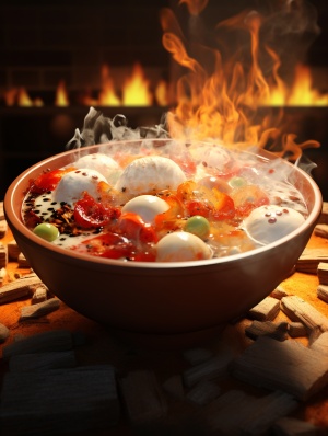 3D rendering of 一碗白色的元宵,热气腾腾,烟雾缭绕,元宵流出五彩馅料,装元宵的碗是中国风的,高清8k,食品特写 ar 2:3 v 4