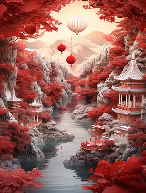 ((masterpiece, best quality, highly detailed, good composition)),(((red lantern))),lantern festival,red theme,(chinese garden),lunar new year,chinese_knot,chinese dragon,masterpiece,((super exquisite)),three-dimensional,super detailed,32k,,,(trees),landscape,mountain,(cloud:0.5),water,,denglong,反向提示词：A cluttered background,(black:1.3),(deep colour:1.4),(darkness:1.2),(humans:1.1),(worst quality, low best quality:1.4),(worst quality, low best quality:1.4),(people:1.4)