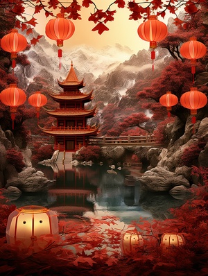 ((masterpiece, best quality, highly detailed, good composition)),(((red lantern))),lantern festival,red theme,(chinese garden),lunar new year,chinese_knot,chinese dragon,masterpiece,((super exquisite)),three-dimensional,super detailed,32k,,,(trees),landscape,mountain,(cloud:0.5),water,,denglong,反向提示词：A cluttered background,(black:1.3),(deep colour:1.4),(darkness:1.2),(humans:1.1),(worst quality, low best quality:1.4),(worst quality, low best quality:1.4),(people:1.4)