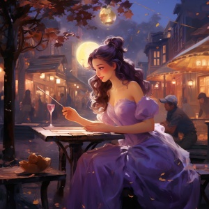 浅紫色衣服美女撑伞，美丽的夜晚场景