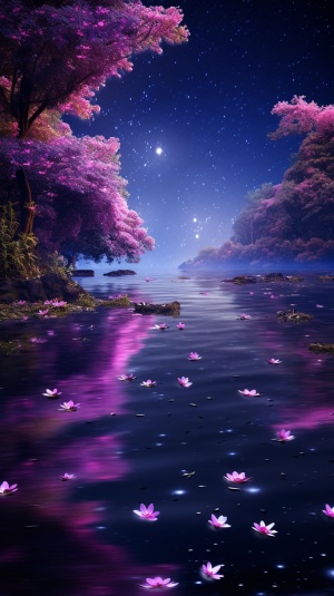 月亮被紫色的花朵照亮时的超现实主义风格AR作品