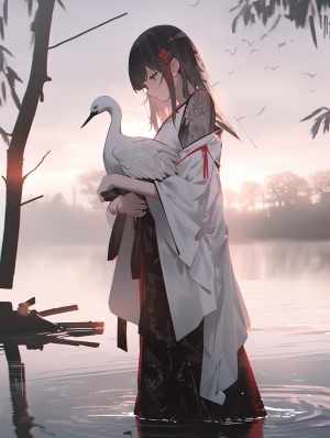 a girl standing by the water next to a bird,Dark tone， in the style of anime art, light white and maroon, richly layered, pastoral nostalgia, animated illustrations, 1st version, solarizing master