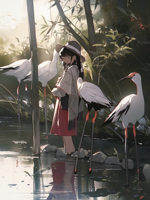 a girl standing by the water next to a bird,Dark tone， in the style of anime art, light white and maroon, richly layered, pastoral nostalgia, animated illustrations, 1st version, solarizing master