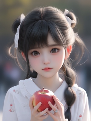 一个可爱的中国小女孩，大眼睛，双眼皮，身穿时尚校服，吃苹果，在学校，早上，像素风格，卡通风格，辛烷值渲染，V-Ray，8K，HD，ar 3:4-niji 6