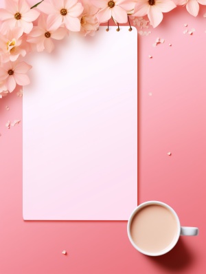 干净清爽的粉红色渐变背景，一只花和几朵点缀的满天星，一本打开的空白笔记本边上有一只精致的咖啡杯，咖啡杯里面有拉花的卡布奇诺咖啡。