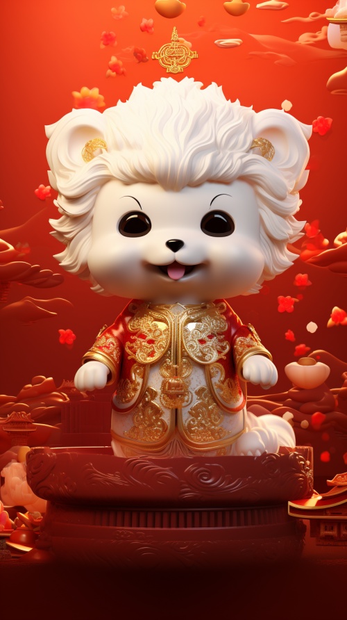 A Cute Dog baby,Surrounded by auspicious clouds, in the style of Classic of Mountainsand Rivers, Popmart-style, full body, Wearing elaborate embroidered costumes, Red, white and gold, hair, frayed,Combined with the theme style of ancient Chinesemythology, Red background, Octane Render, Blender, raysof shimmering light niji ar 9:16