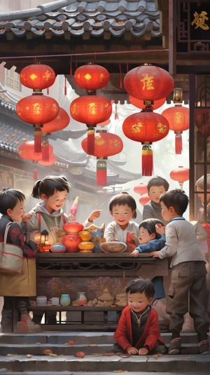 14岁男孩逛灯会，半扎发，穿着中国传统服饰，坐在茶铺前品茶，灯会背景建筑古色古香，各种小吃和玩具的铺子（糖葫芦，棉花糖，剪纸，书法），小男孩沉浸在其中，斜线构图，8k，大师