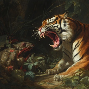 一只老虎，咬着一只兔子，在森林里