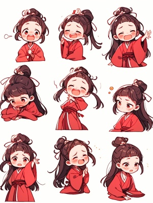 红色汉服小女孩全身图，9种姿势和表情，线条艺术