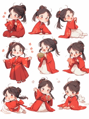 红色汉服小女孩全身图，9种姿势和表情，线条艺术