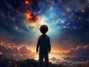 神奇的宇宙星空中的探险好奇小孩