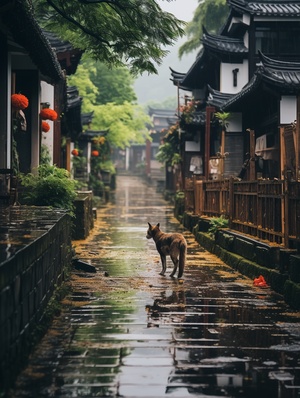 江南古镇，下起了大雨,一只可爱的狗狗，两边的道路长满了鲜花，五颜六色，非常漂亮，安静，超清画质，超高清晰度，超高分辨率，16k ar 9:16