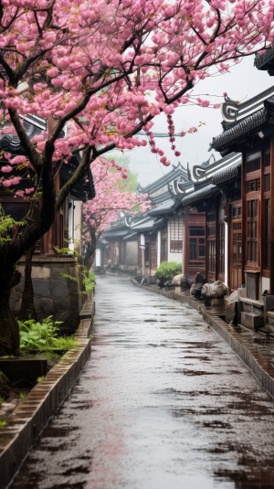 Jiangnan Beauty: Realistic Landscape with Pink Cherry Blossoms and Green Mountains