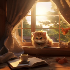 小猫咪在温馨卡通小木屋里读书