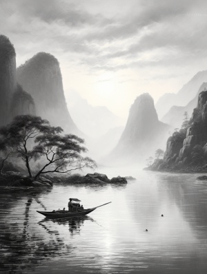 中国山水画：黑白高山，流水，落日与舟