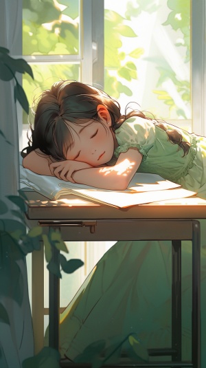 一个小女孩趴在窗边的书桌上睡着了，小女孩穿着绿色的连衣裙，看起来十分可爱。她身旁是一扇窗户，透过窗户可以看到外面的阳光和绿色的树木