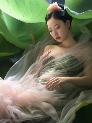 绿色面纱下的中国漂亮女孩与荷叶花景