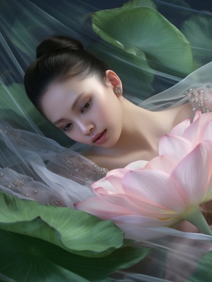 绿色面纱下的中国漂亮女孩与荷叶花景