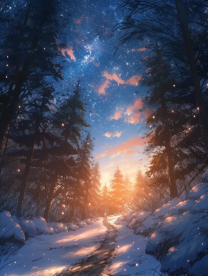 夜空，银河，竹林，积雪结冰，雪地中鹅卵石小路通往远方，唯美梦幻