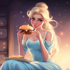 beautiful princess Elsa , who had a romantic relationship with ice and snow , was wearing white Summer thin ice silk pajama , eating a burger . She enjoyed leisurely time , carefree , as if the whole world had melted in her smile , ull body , bold character designs , warm tones , in the style of meticulous design , amime art