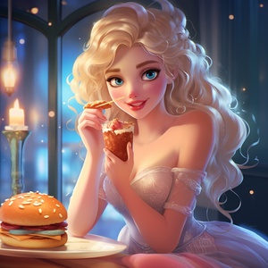 beautiful princess Elsa , who had a romantic relationship with ice and snow , was wearing white Summer thin ice silk pajama , eating a burger . She enjoyed leisurely time , carefree , as if the whole world had melted in her smile , ull body , bold character designs , warm tones , in the style of meticulous design , amime art