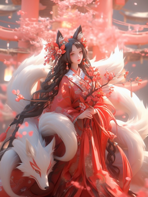 可爱的九尾狐，穿着红色中国汉服，全身丰满，极其细致的了D动画，对称居中，桃花为背景，色彩缤纷的辛烷渲染，皮克斯风格