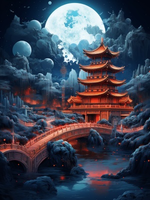 art by chinese style png, in the style of accurate topography, vibrant futurism, dark cyan and orange, photorealistic detail, reimagined religious art, intricate architectures, red and indigo,