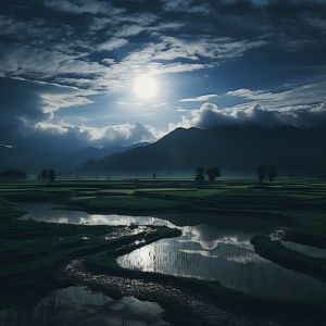 月亮和云彩照亮了稻田上的天空，以喜怒无常的新黑色，安古拉基，光与影，# vfxfriday，上帝光芒，喜马拉雅艺术，voigtlander bessa r2m的风格