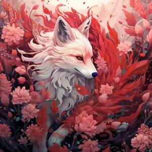 白色九尾狐在浅红花海中的2D动漫世界