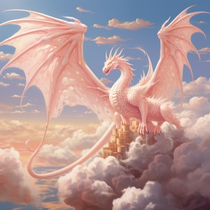 一个白色的龙在天空中飞翔的艺术品，在浅红色和浅粉色的风格，ivan fedorovich choultse，现实的配色方案，anne dewaily，像素艺术，金色的光，沉思的心情
