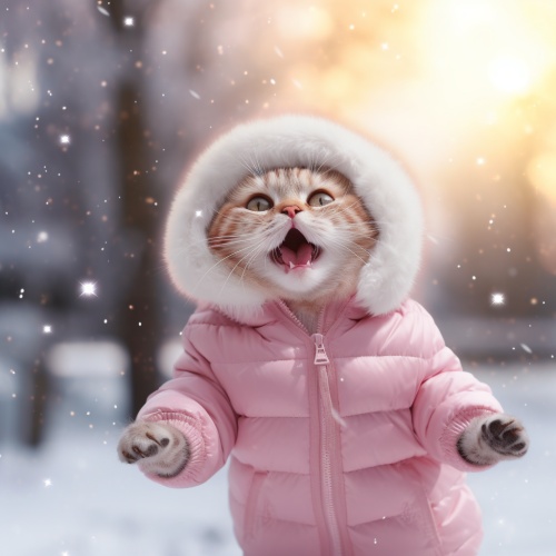 the image of a cute cat in a pink down jacket and white hat, dancing in the snow with a blurred background of trees, photo realistic, hyper-detailed, ultra detailed, 4k, 8k ar 3:4 v 6.0